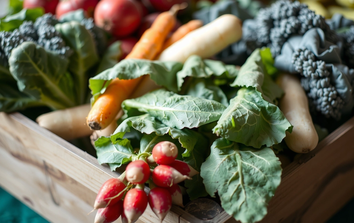Frisches saisonales Gemüse in einer Holzkiste